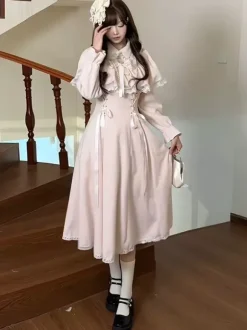 Classic Pink Sweet Lolita Dress False Two-Layer Cape Long Sleeves Bows Sweet Lolita Dress