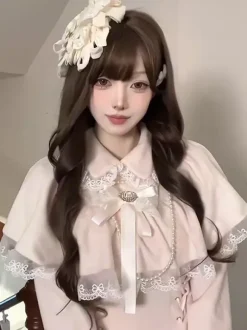 Classic Pink Sweet Lolita Dress False Two-Layer Cape Long Sleeves Bows Sweet Lolita Dress