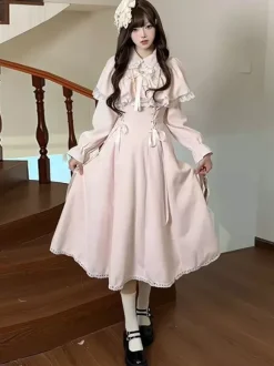 Classic Pink Sweet Lolita Dress False Two-Layer Cape Long Sleeves Bows Sweet Lolita Dress