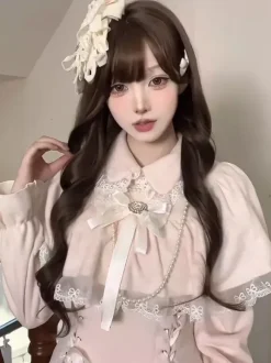 Classic Pink Sweet Lolita Dress False Two-Layer Cape Long Sleeves Bows Sweet Lolita Dress