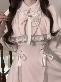 Classic Pink Sweet Lolita Dress False Two-Layer Cape Long Sleeves Bows Sweet Lolita Dress