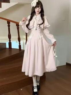 Classic Pink Sweet Lolita Dress False Two-Layer Cape Long Sleeves Bows Sweet Lolita Dress