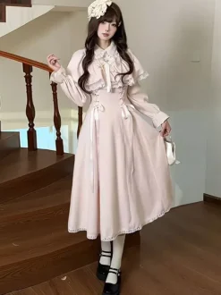 Classic Pink Sweet Lolita Dress False Two-Layer Cape Long Sleeves Bows Sweet Lolita Dress