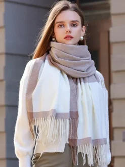 Classic Plaid Scarf With Fringe Daily Casual Scarves For Women