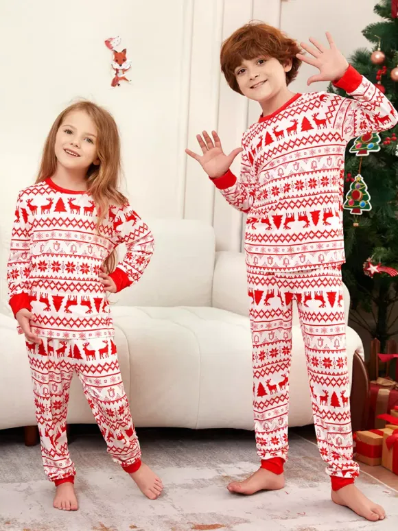 Classic Red White Reindeer Print Family Christmas Pajamas Holiday Set 2026