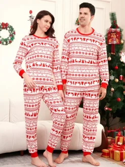 Classic Red White Reindeer Print Family Christmas Pajamas Holiday Set 2026