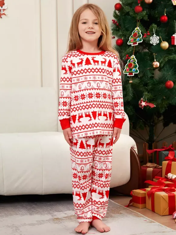 Classic Red White Reindeer Print Family Christmas Pajamas Holiday Set 2026