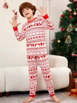 Classic Red White Reindeer Print Family Christmas Pajamas Holiday Set 2026