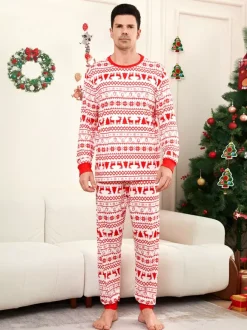 Classic Red White Reindeer Print Family Christmas Pajamas Holiday Set 2026