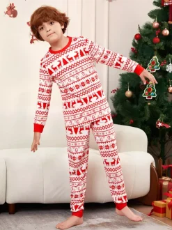 Classic Red White Reindeer Print Family Christmas Pajamas Holiday Set 2026