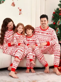 Classic Red White Reindeer Print Family Christmas Pajamas Holiday Set 2026