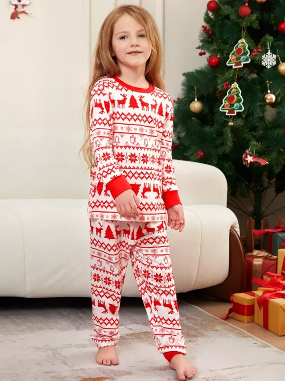 Classic Red White Reindeer Print Family Christmas Pajamas Holiday Set 2026