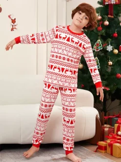 Classic Red White Reindeer Print Family Christmas Pajamas Holiday Set 2026