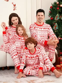 Classic Red White Reindeer Print Family Christmas Pajamas Holiday Set 2026