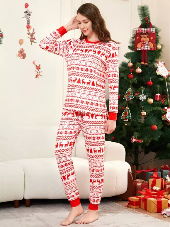 Classic Red White Reindeer Print Family Christmas Pajamas Holiday Set 2026