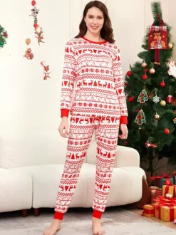 Classic Red White Reindeer Print Family Christmas Pajamas Holiday Set 2026
