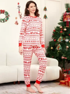 Classic Red White Reindeer Print Family Christmas Pajamas Holiday Set 2026