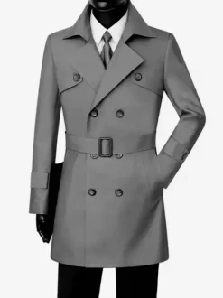 Classic Trench Coat Mid-Length Double Breasted Notched Lapel Business Slim Fit Coat With Belt