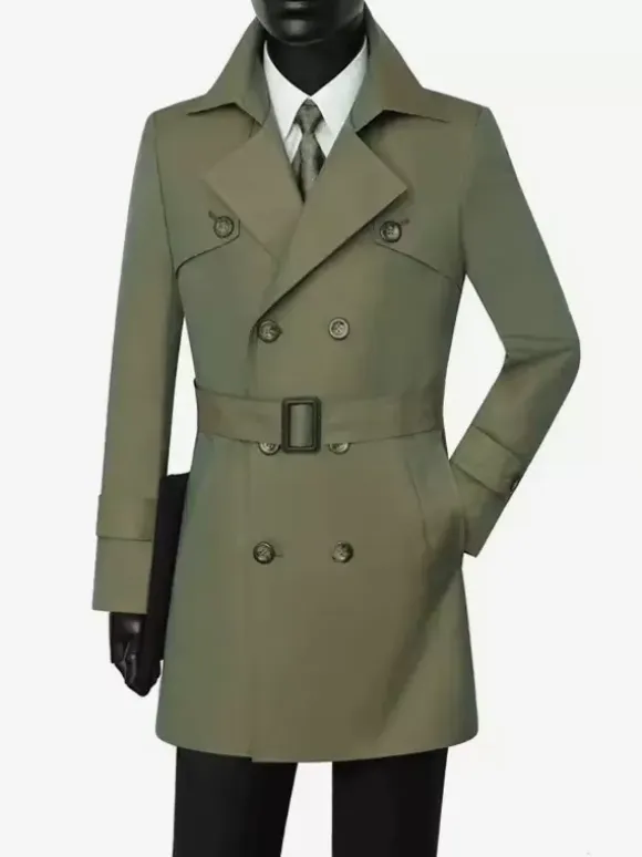 Classic Trench Coat Mid-Length Double Breasted Notched Lapel Business Slim Fit Coat With Belt