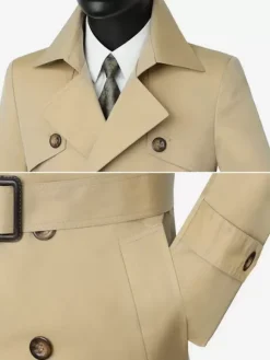 Classic Trench Coat Mid-Length Double Breasted Notched Lapel Business Slim Fit Coat With Belt