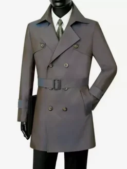Classic Trench Coat Mid-Length Double Breasted Notched Lapel Business Slim Fit Coat With Belt