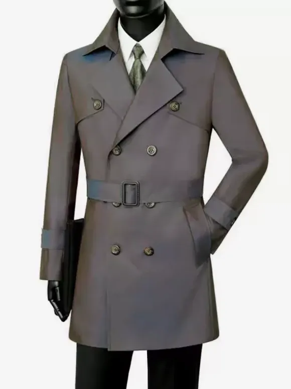 Classic Trench Coat Mid-Length Double Breasted Notched Lapel Business Slim Fit Coat With Belt