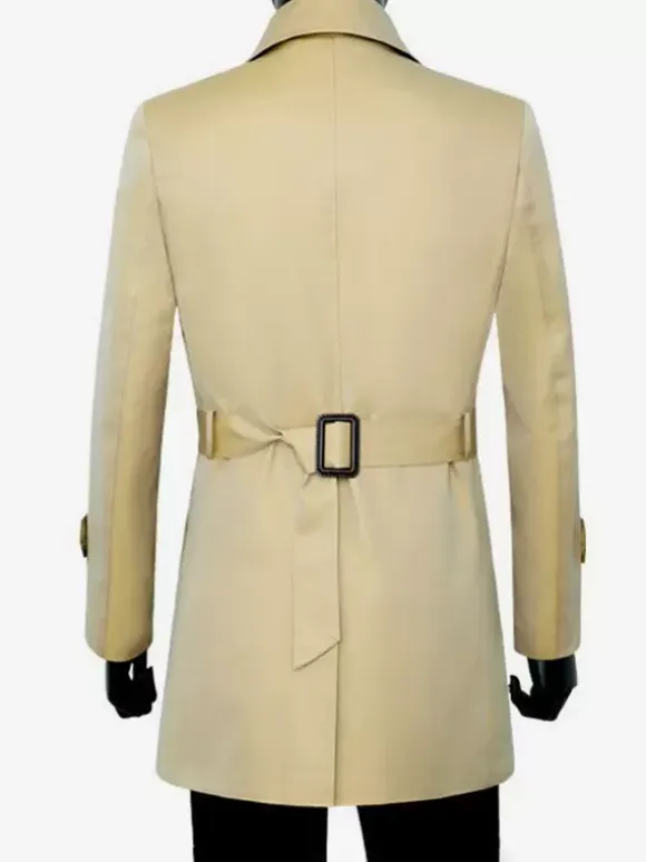 Classic Trench Coat Mid-Length Double Breasted Notched Lapel Business Slim Fit Coat With Belt