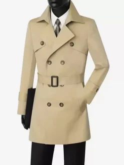 Classic Trench Coat Mid-Length Double Breasted Notched Lapel Business Slim Fit Coat With Belt
