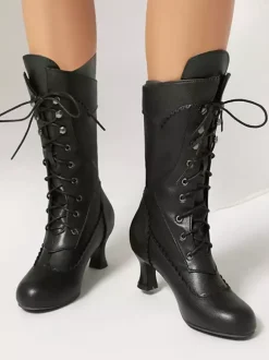 Classic Vintage Style Lolita Boots PU Leather Round Toe Black Lolita Shoes