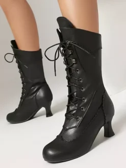 Classic Vintage Style Lolita Boots PU Leather Round Toe Black Lolita Shoes