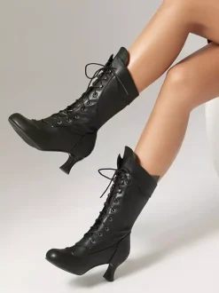 Classic Vintage Style Lolita Boots PU Leather Round Toe Black Lolita Shoes