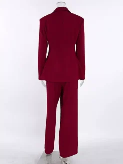 Classy Power Suit Women Office Set - Wine Red Chic Notch Lapel Gold Button Wide Leg Pants - Spring Business Party 2026