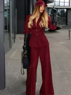 Classy Power Suit Women Office Set - Wine Red Chic Notch Lapel Gold Button Wide Leg Pants - Spring Business Party 2026