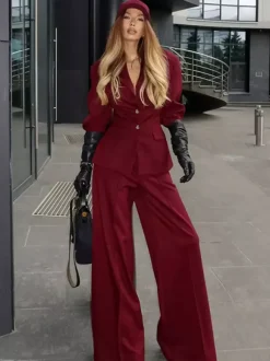 Classy Power Suit Women Office Set - Wine Red Chic Notch Lapel Gold Button Wide Leg Pants - Spring Business Party 2026