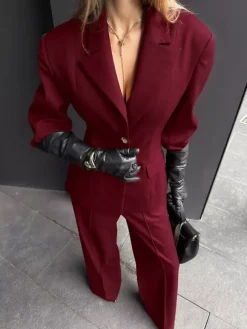 Classy Power Suit Women Office Set - Wine Red Chic Notch Lapel Gold Button Wide Leg Pants - Spring Business Party 2026