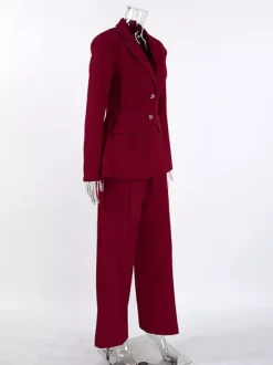 Classy Power Suit Women Office Set - Wine Red Chic Notch Lapel Gold Button Wide Leg Pants - Spring Business Party 2026