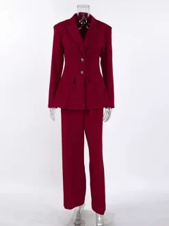 Classy Power Suit Women Office Set - Wine Red Chic Notch Lapel Gold Button Wide Leg Pants - Spring Business Party 2026