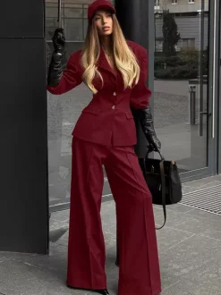 Classy Power Suit Women Office Set - Wine Red Chic Notch Lapel Gold Button Wide Leg Pants - Spring Business Party 2026