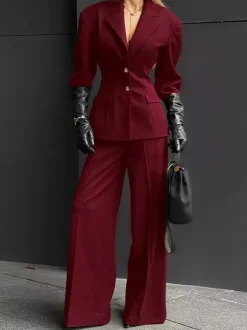 Classy Power Suit Women Office Set - Wine Red Chic Notch Lapel Gold Button Wide Leg Pants - Spring Business Party 2026