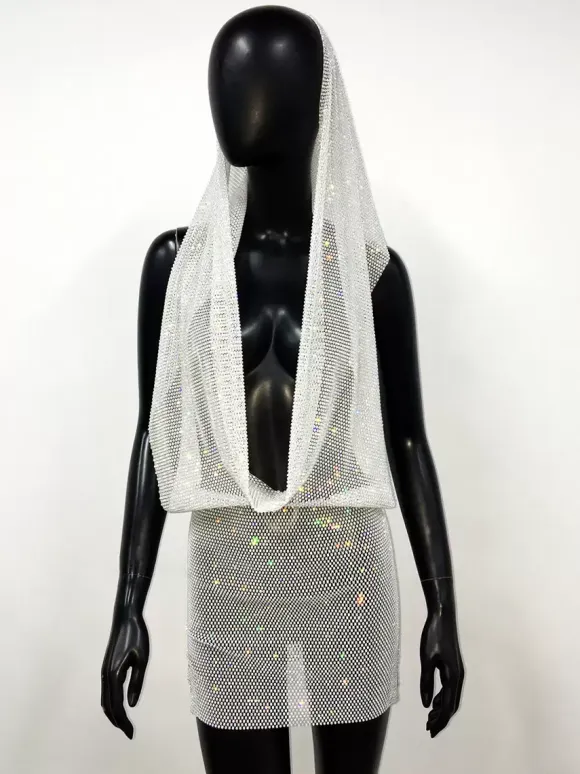 Club Dress Black Hooded Rhinestones Sleeveless Sexy Dress