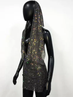 Club Dress Black Hooded Rhinestones Sleeveless Sexy Dress