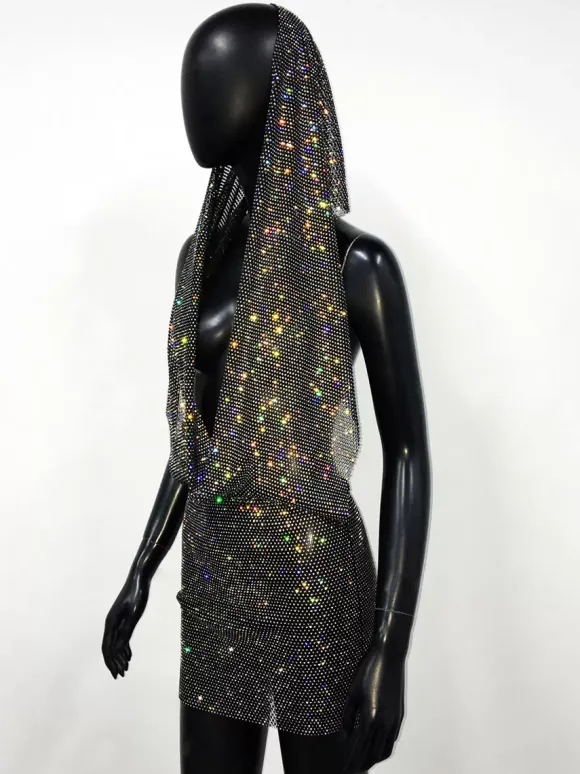 Club Dress Black Hooded Rhinestones Sleeveless Sexy Dress