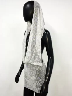 Club Dress Black Hooded Rhinestones Sleeveless Sexy Dress