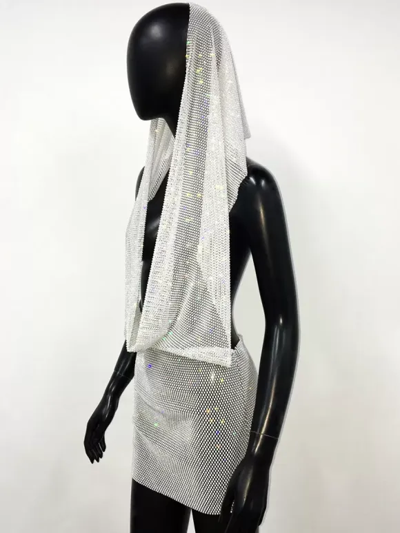 Club Dress Black Hooded Rhinestones Sleeveless Sexy Dress