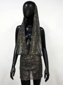 Club Dress Black Hooded Rhinestones Sleeveless Sexy Dress