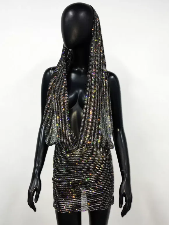 Club Dress Black Hooded Rhinestones Sleeveless Sexy Dress