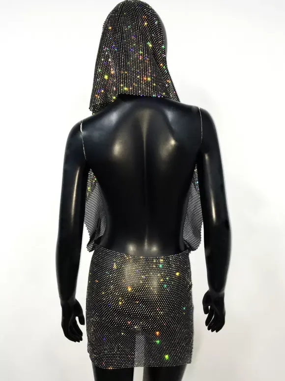 Club Dress Black Hooded Rhinestones Sleeveless Sexy Dress