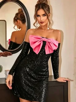 Club Dress Black Off-The-Shoulder Sequins Long Sleeves Shaping Sexy Dress