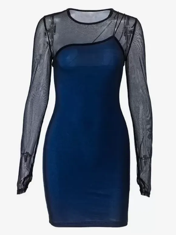 Club Dress Blue Straps Neck Long Sleeves Polyester Layered Sexy Dress