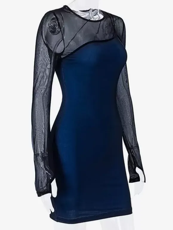 Club Dress Blue Straps Neck Long Sleeves Polyester Layered Sexy Dress